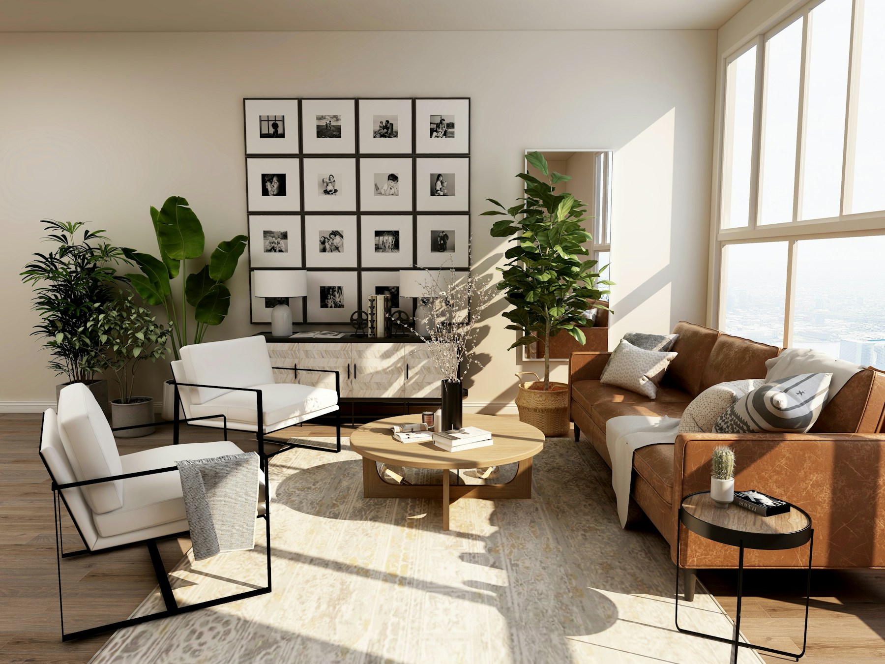 Sala contemporânea luminosa com tons naturais, apresentada como inspiração para interiores